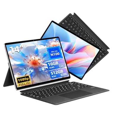 14 Pouces Ordinateur Portable 2 en 1, Tactil PC Portable N100 CPU jusqu'à 3,40 GHz, 16Go LPDDR5 512Go SSD Laptop, tablette est avec 1920x1200 FHD IPS WiFi 6+Type C+MiCrO HDMI+BT5.2, Clavier Amovible
