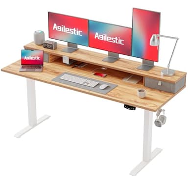 Agilestic Bureau Assis Debout Électrique avec 2 tiroirs, 160 x 60 cm Bureau Table Debout Réglable en Hauteur, Panneau Contrôle à Fonctions Mémoires et Système Anti-Collision, Brun Clair
