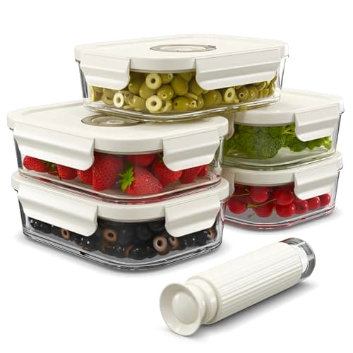 Paquet de 5 contenants de stockage d'aliments sous vide en verre de 1040ml avec suivi de date et pompe - Contenants hermétiques avec couvercles - Contenants de stockage d'aliments en verre