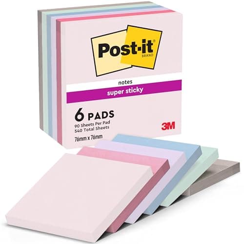 Post-it Notes Autocollantes Super Sticky, Couleurs Soulful, Pack de 6 Blocs, 90 Feuilles par Bloc, 76 mm x 76 mm - Feuillets Super Adhésifs pour Prise de Notes, Listes de Tâches et Rappels