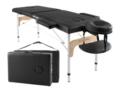 QUIRUMED Table de Massage Pliante en Aluminium Easy, Noir, 180 x 60 cm, Simili Cuir, Portable, léger, Appui-tête Amovible, Trou pour Le Visage, Hauteur réglable, jusqu'à 120 kg.