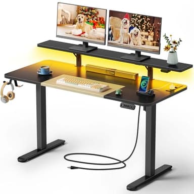 Rolanstar Bureau Assis Debout Électrique 140x60cm, Bureau Réglable en Hauteur Électrique avec Lumières LED et Prise, Table Réglable Hauteur Noir pour Télétravail