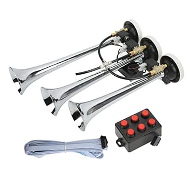 Klaxon de Train à Air Musical Super Fort 3/trois Trompettes avec 6 Airs chromé 305/342/385x79mm DC12V/24V pour Voitures de Club, Camions, Yachts