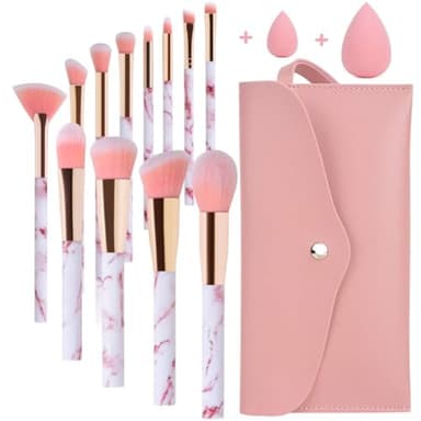 Pinceaux Maquillages Start Makers 12 pinceau maquillage en marbre Rose avec Pinceau fond de teint blush fard à paupières pinceaux de maquillage Beauty Blender et sac de maquillage (Rose)