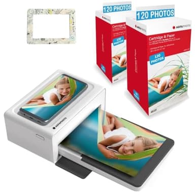 AGFA Photo Pack Imprimante Realipix Moments + Cartouches et papiers 240 Photos + Joli Cadre magnétique - Impression Bluetooth Photo 10x15 cm, iOS et Android, 4Pass Sublimation Thermique - Blanc