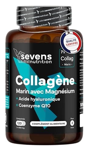 Collagène Marin Hydrolysé avec Magnésium Acide Hyaluronique Coenzyme Q10 – 120 Gélules – Peau Os Articulations – Vitamines A C D3 B12 Zinc – Haute Absorption – Sevens