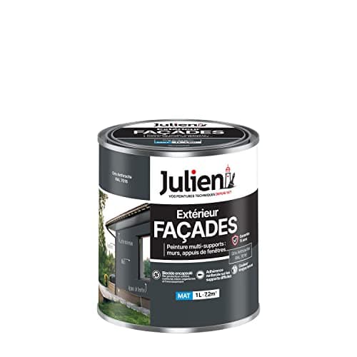 Julien Peinture pour Façades Multi-Supports en phase Aqueuse - Murs extérieurs, appuis de fenêtres, soubassement, gouttières - Anthracite 1 L