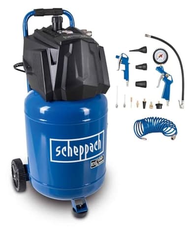 Scheppach Compresseur d’air HC35V – 1500 W – Compresseur vertical – Pression 10 bar – Cuve 30 L – Puissance d’aspiration 180 L/min – Sans huile – Tuyau spiralé 10 m et 13 accessoires inclus