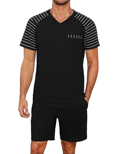 Litherday Pyjama Homme Coton Été Court Ensembles de Pyjama Homme Rayures Short à Manches Courtes avec Col en V Vêtements de Nuit Hommes Deux Pièces Noir L