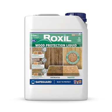 Roxil Liquide Imperméabilisant pour Bois - 5 litres - Jusqu'à 10 ans de Protection Hydrofuge pour Bois Extérieur, Terrasse, Clôture, Cabanon, Abris et autres Meubles - Incolore et Transparent - 25m2