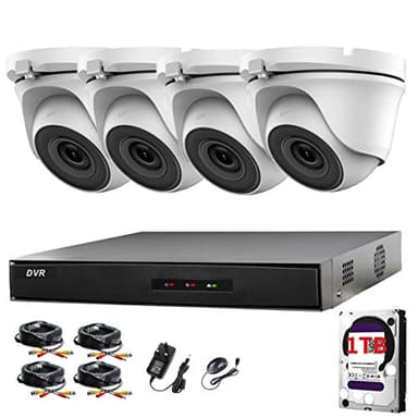 HIKVISION Hiwatch Kit de vidéosurveillance DVR 4 canaux avec système de sécurité et 4 caméras dôme HIKVISION HIWATCH étanches Blanc 20 m Vision nocturne Easy P2P Disque dur 1 To