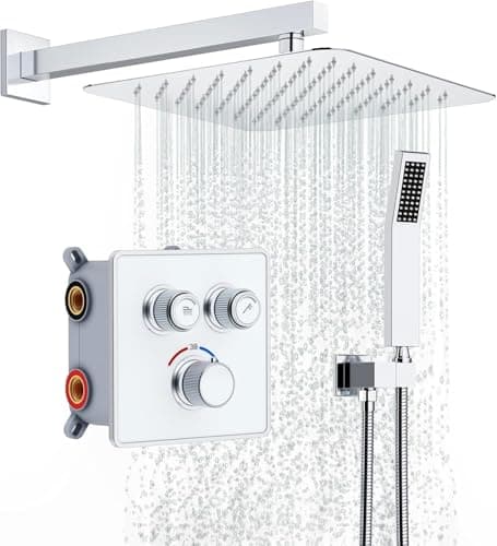 Rainsworth Système de douche encastré avec thermostat 38 °C, débit d'eau réglable, robinet de douche encastré avec douche à effet pluie de 30 x 30 cm, pommeau de douche en laiton
