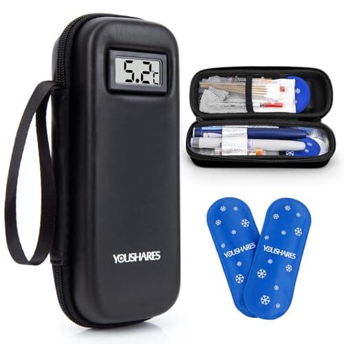 YOUSHARES Pochette Isotherme Insuline, Trousse Isotherme Insuline Voyage pour Diabetique Affichage de la Température avec 2 Poche de Glace, Sac Isotherme Insuline Medicament pour Stylo Seringue, Noir