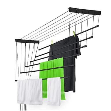 KADAX Etendoir a Linge au Plafond avec Tiges en Acier, Pratique Systeme de Sechage Suspended pour Maximiser l'espace Interieur (Noir, 6 x 130 cm)