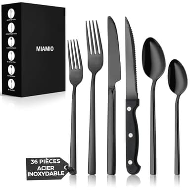 MIAMIO – Ensemble de Couverts en Acier Inoxydable pour 6 Personnes/Service de 36 Pièces – Inclut Couteaux, Fourchettes, Cuillères – Compatible Lave-Vaisselle (Noir mat)