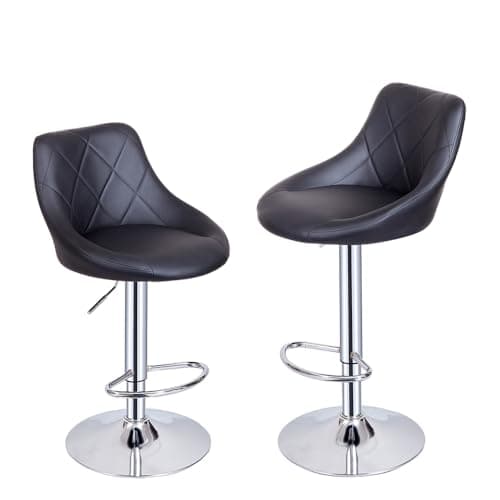 Lot de 2 Tabourets de Bar, Chaises Haut, Hauteur Réglable, Revêtement en PU, Rotatif sur 360°, avec Dossier et Repose-Pieds, Pied Chromé, 39 cm (L) x 38 cm (l) x 89-109 cm (H) (Noir)