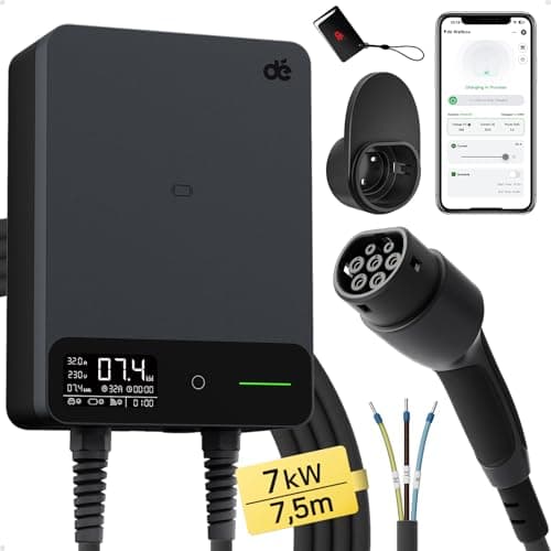dé Borne de Recharge Véhicules Électrique 7kW APP [7,5m, 6-32A, Monophasé] Wallbox 7kW avec Câble de Recharge Type 2 7,5m, RFID, Borne de Recharge avec RCD Type-B et ip54 pour E-208 et autres BEV/PHEV