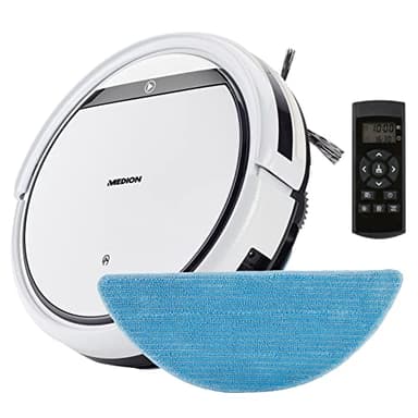 MEDION E32 SW Robot Aspirateur Laveur avec Station et télécommande (2 en 1, 120min d'Autonomie, détection de Meubles et d'escalier, Idéal pour Les Poils d'animaux, Cheveux, Poussière et Moquettes)