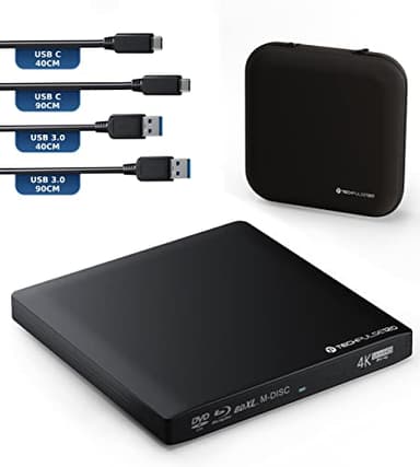 techPulse120 Externe USB 3.1 USB-C Lecteur Graveur UHD 4k 3D M-Disc Blu-Ray DVD CD BDXL HDR10 128GB Superdrive Windows macOS Deluxe Aluminium Noir