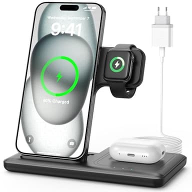 Sans Fil Chargeur Induction - 3 en 1 de 15W Wireless Charge Magsafe Station for iPhone 16 15 14 13 12 11 Pro Max Plus, Watch Ultra 10 9 8 7 6 5 4 3, Earbuds Pro 4 3, Avec Prise 20W et Cable 1M Tiuruku
