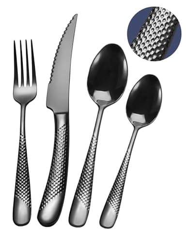 SHEUMNT Ensemble de couverts modernes 24 pièces, Noir martelé Couteaux dentelés 2-en-1 ultra-tranchants, Service en acier inoxydable 18/10 Set pour 6 personnes, Couteaux, fourchettes, Cuillères