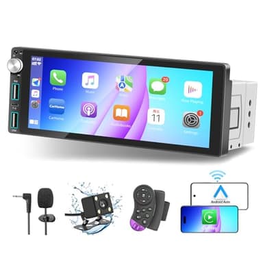 Autoradio 1 DIN Bluetooth avec CarPlay & Android Auto, avec écran 6,9 pouces Écran Tactile Lecteur, Miroir Link/RDS FM Radio/USB/Type-C/Microphone/Caméra de sauvegarde/Support télécommande