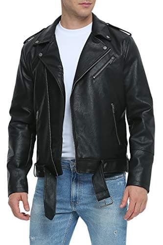 Fahsyee Vestes en cuir pour homme, fausse veste bomber de moto à revers asymétrique à fermeture éclair, coupe ajustée, manteau de motard, noir, Small
