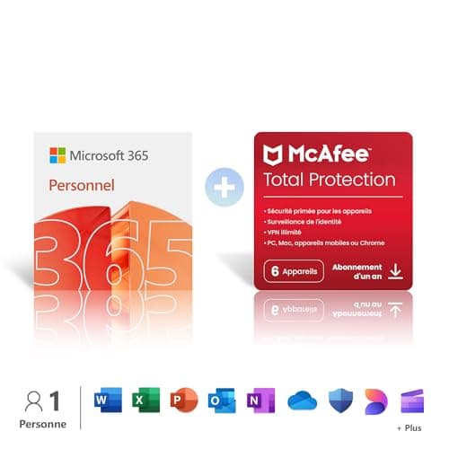 Microsoft 365 Personnel | 12 mois | 1 utilisateur│ 1To de stockage Onedrive | Applications Office avec IA + McAfee Total Protection │ 6 appareils │ Code d'activation par email