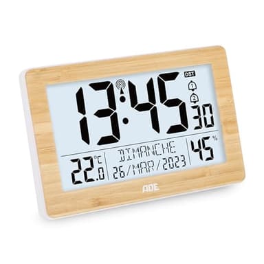 ADE Horloge radiopilotée numérique XL avec très Grands Chiffres | Horloge de Table avec 2 Heures de réveil et éclairage | Thermomètre et Hygromètre | Cadre étroit en Bambou véritable