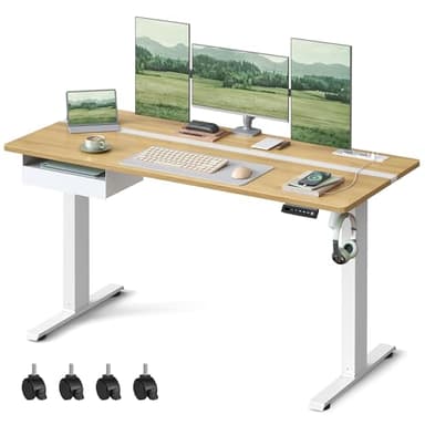 VASAGLE Bureau Électrique Réglable en Hauteur, Bureau Assis-debout, Multiprise, Tiroir, 60 x 140 cm, Réglable en Continu, Fonction Mémoire de 4 Hauteurs, Couleur Chêne Naturel et Blanc Nuage LSD114N01