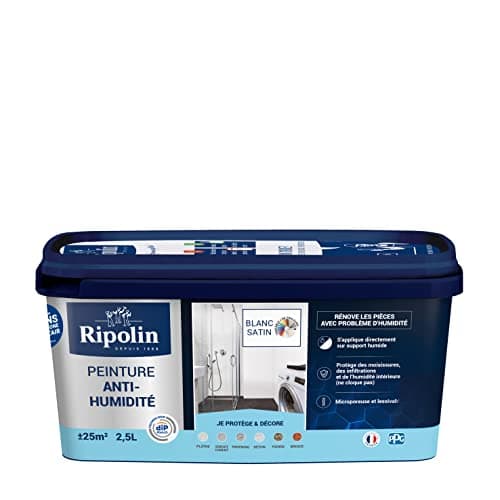 RIPOLIN - Peinture Anti-Humidité Intérieur - Haute Protection pour Murs Sujets aux Infiltrations d'Eau - Protège des Moisissures - Microporeuse & Lessivable - Satin - 2,5L - Blanc