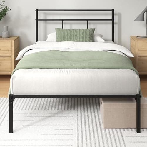 Zinus Elias - Cadre de lit en métal 90x190 cm avec tête de lit - Montage Facile - Hauteur 30 cm - Lit avec Support de Lattes en métal - Espace de Rangement sous Le lit - Design Moderne - Noir