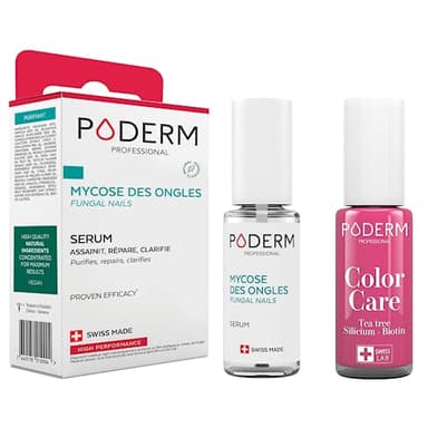 PODERM - LOT 2 PRODUITS | MYCOSE ONGLE TRAITEMENT | Soin professionnel pied/main | Facile & rapide | Swiss Made + Vernis Framboise TEA TREE - Traitement des Ongles Abîmés par MYCOSE