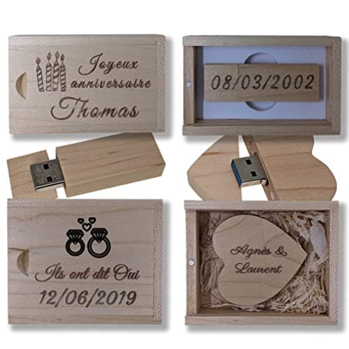 Clé USB 3.0 en Bois Personnalisable – 3 Options – 32 GO – Boîte De Rangement Incluse – Transfert De Ficher Rapide - Cadeau De Mariage