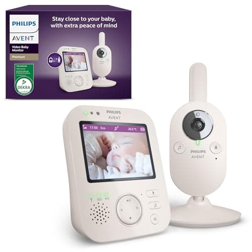 Philips Avent Babyphone vidéo Premium, Certifié DEKRA, privé et sécurisé avec caméra et audio, écran de 3,5", zoom x4, vision nocturne, audio bidirectionnel, berceuses, température ambiante, SCD891/26