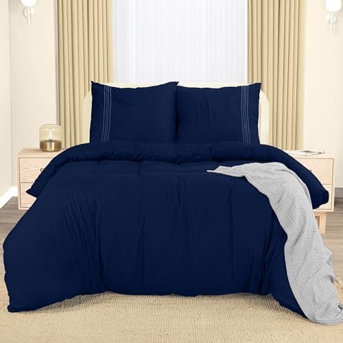 Utopia Bedding Housse de Couette 220x240 cm avec 2 Taies d'oreiller Brodée 65x65 cm (Bleu Marine) - Parure de lit 220x240 cm - Ensembles de Housses de Couette en Microfibre brossée Douce