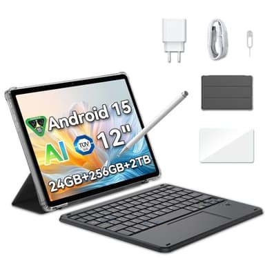 Blackview Mega2 Tablette 12 Pouces Android 15, 2K FHD Tablette 24Go RAM 256Go ROM, 4G LTE 5G WiFi Tablette de Jeu avec Souris et Clavier, 9000mAh/16MP+8MP/Widevine L1/Face ID/GPS