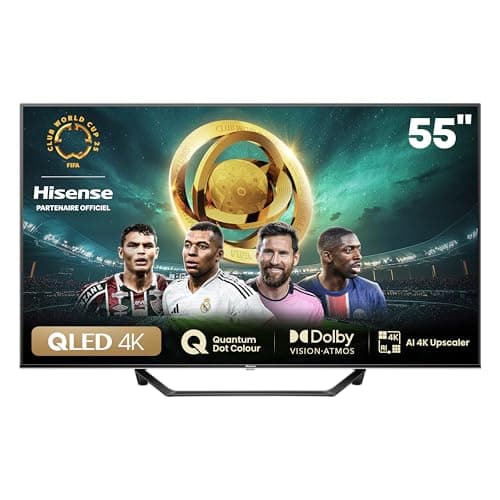 Hisense Smart TV 55 Pouces 55A7NQ QLED 4K UHD Téléviseur, Dolby Vision Atmos, Mode Sport IA MEMC, HDR, VIDAA avec Youtube, Netflix, Disney+, Canal +, Commande vocale Alexa