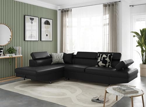 LOUNGITUDE - RIO - Canapé d'angle -Droit- Convertible - 5 Places - Coffre - Têtières réglables - En Simili - Noir - L271cm