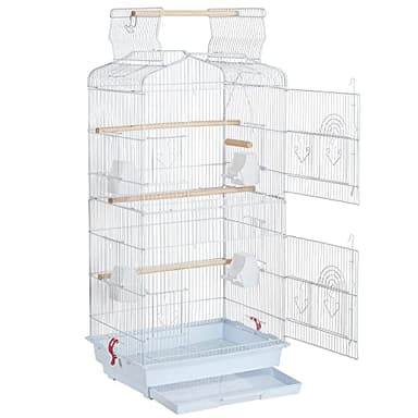 Yaheetech Cage Oiseaux Volière Oiseaux avec Poignée Portable avec 4 Mangeoires 3 Perchoirs 46 x 35 x 92 cm Blanche
