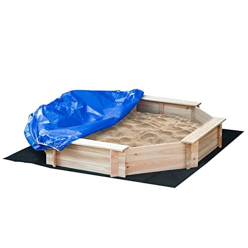 Outsunny Bac à Sable Bois octogonal dim. 139,5L x 139,5l x 21,5H cm - 4 bancs - bâche de Couverture, Non tissé de Sol Inclus - Bois Sapin pré-huilé