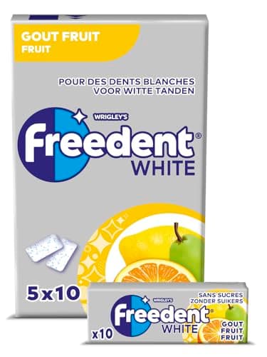FREEDENT WHITE - Chewing Gum Sans Sucre Blancheur - Goût Fruit - 5 Paquets de 10 Dragées - Chewing Gum Xylitol - Avec Micro Cristaux Pour Des Dents Blanches