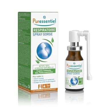 Puressentiel - Respiratoire - Spray Gorge - Aide à adoucir la gorge - Actifs 100 pourcent d'origine naturelle - 15 ml