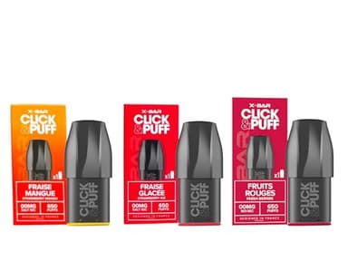 Pack de 3 cartouches réutilisable- compatible avec Click & Puff Batterie (Sans nicotine ni tabac) (saveur: Fraise Mangue, Fraise Glacée, Fruits Rouges)