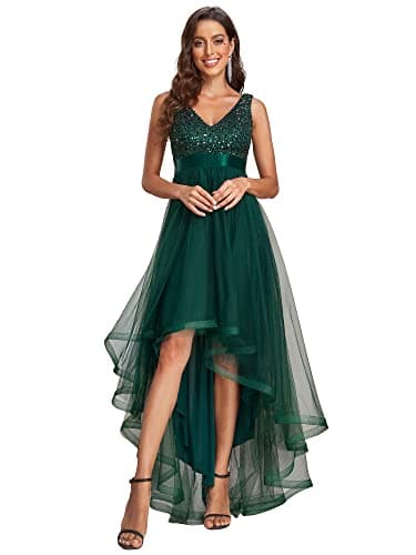 Ever-Pretty Robe Cocktail Mariage Femme Longue Paillettes Tulle Col V Asymétrique A Line Brillante Vert Foncé 38