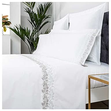 COTTON ARTean Zuyana Parure de lit brodée 100 % coton percale 200 fils Blanc Lit 160 x 190/200 cm Percale 100 % coton