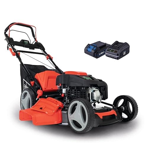 Scheppach Tondeuse à Gazon Hybride MS225-53E – Moteur 4 Temps 224 cm3 / 6 CV – 4400 W – Largeur de Coupe 53 cm – Démarrage électrique – Bac 65 L – Batteries, chargeurs, Huile Inclus