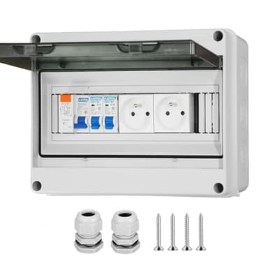 Boîte à fusibles en saillie IP65 Coffret électrique étanche IP65 équipé Livré,DZ 30mA AC Interrupteur de Fuite, 1 Disjoncteur 16A,2 Prise modulaire 16A 2P+T