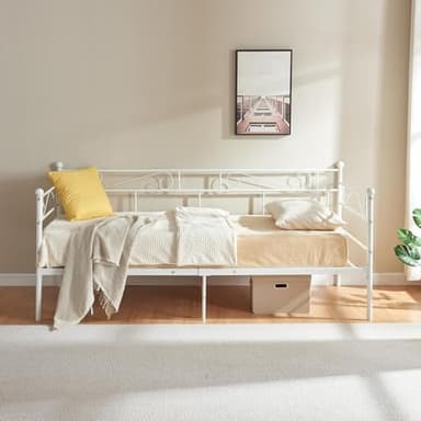 FetiNes Cadre de Lit Simple en Métal, Canapé-Lits en Fer Forgé Pas Besoin de Sommier, pour Matelas de 90 * 190cm Blanc