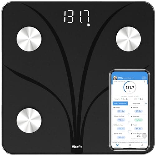 Vitafit Balance Pese Personne, Balance Connectée Bluetooth Pèse Personne Impédancemètre, Balance Impedancemetre avec 13 Données Corporelles (BMI/Graisse Corporelle/Masse Osseuse), 182kg Noir